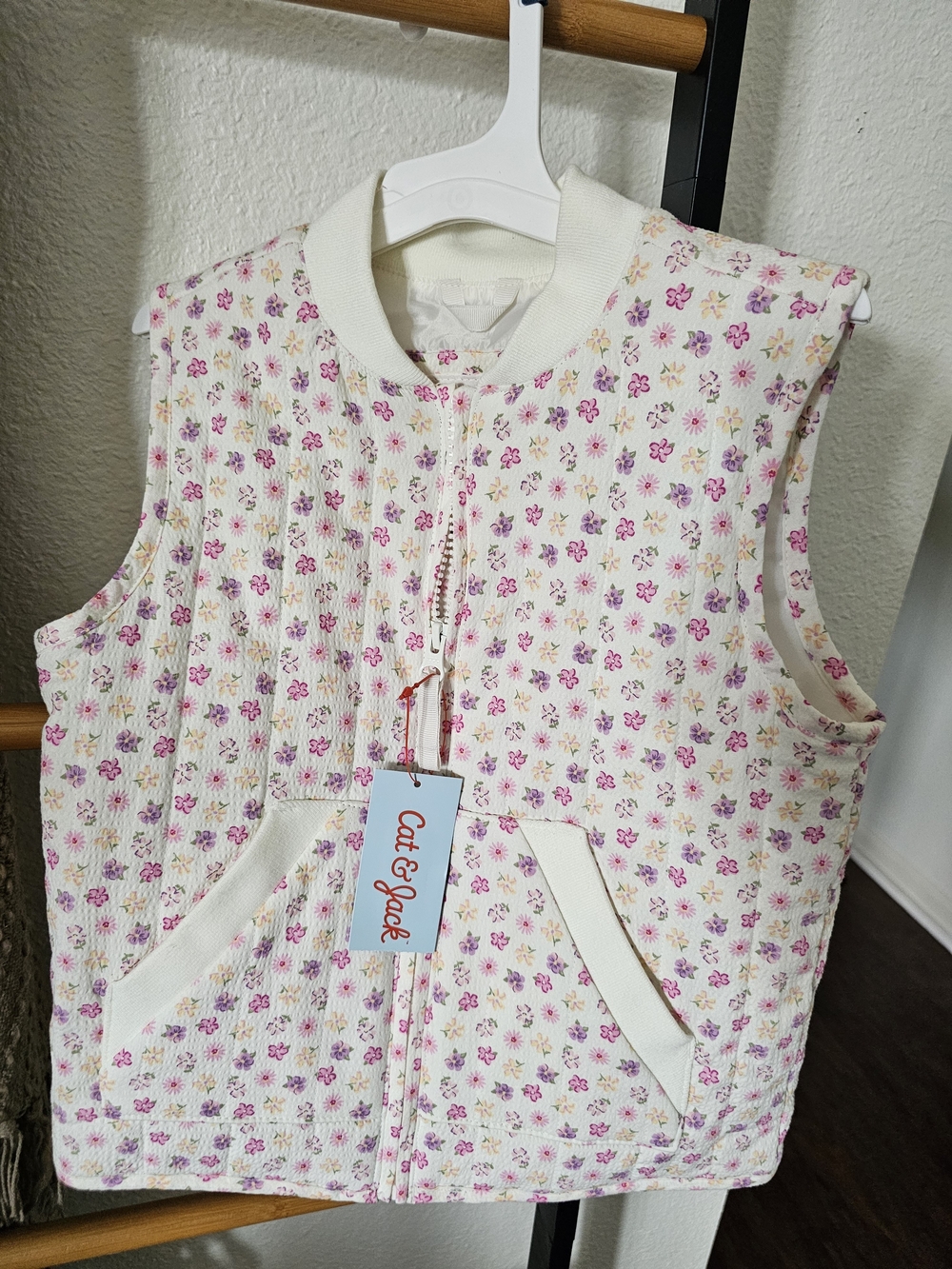 Cat & Jack Cream Quilted Vest with Pink and Yellow Floral Print
